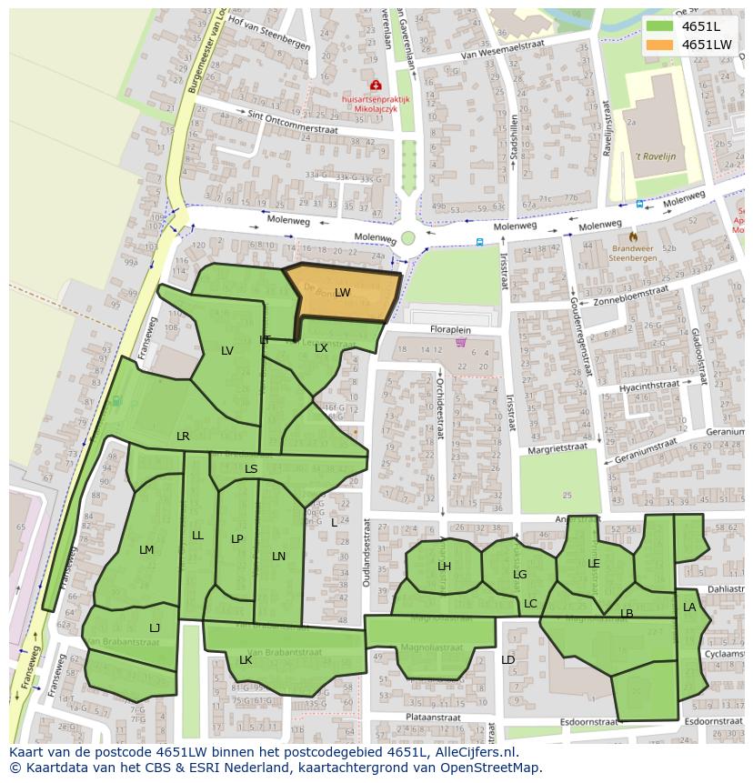Afbeelding van het postcodegebied 4651 LW op de kaart.