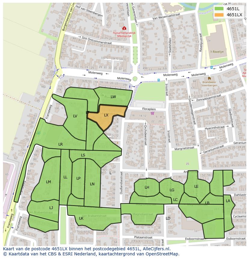 Afbeelding van het postcodegebied 4651 LX op de kaart.