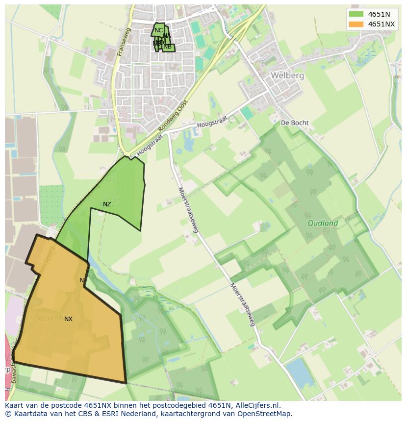 Afbeelding van het postcodegebied 4651 NX op de kaart.