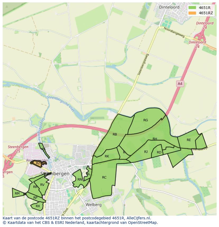 Afbeelding van het postcodegebied 4651 RZ op de kaart.