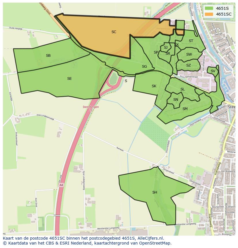 Afbeelding van het postcodegebied 4651 SC op de kaart.