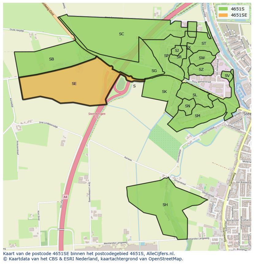 Afbeelding van het postcodegebied 4651 SE op de kaart.