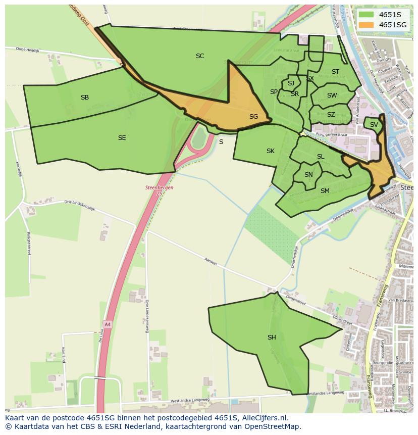 Afbeelding van het postcodegebied 4651 SG op de kaart.