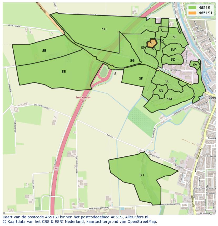 Afbeelding van het postcodegebied 4651 SJ op de kaart.