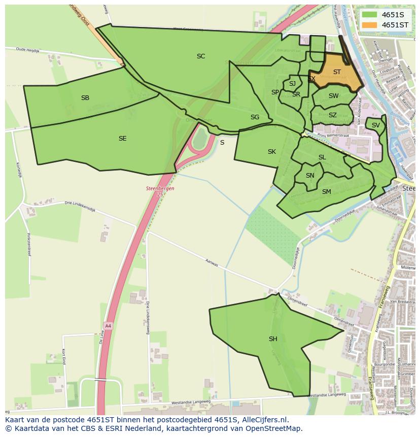 Afbeelding van het postcodegebied 4651 ST op de kaart.