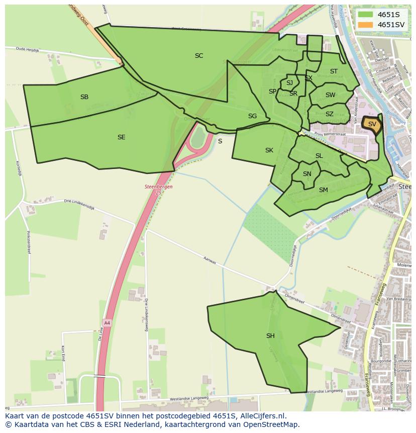 Afbeelding van het postcodegebied 4651 SV op de kaart.