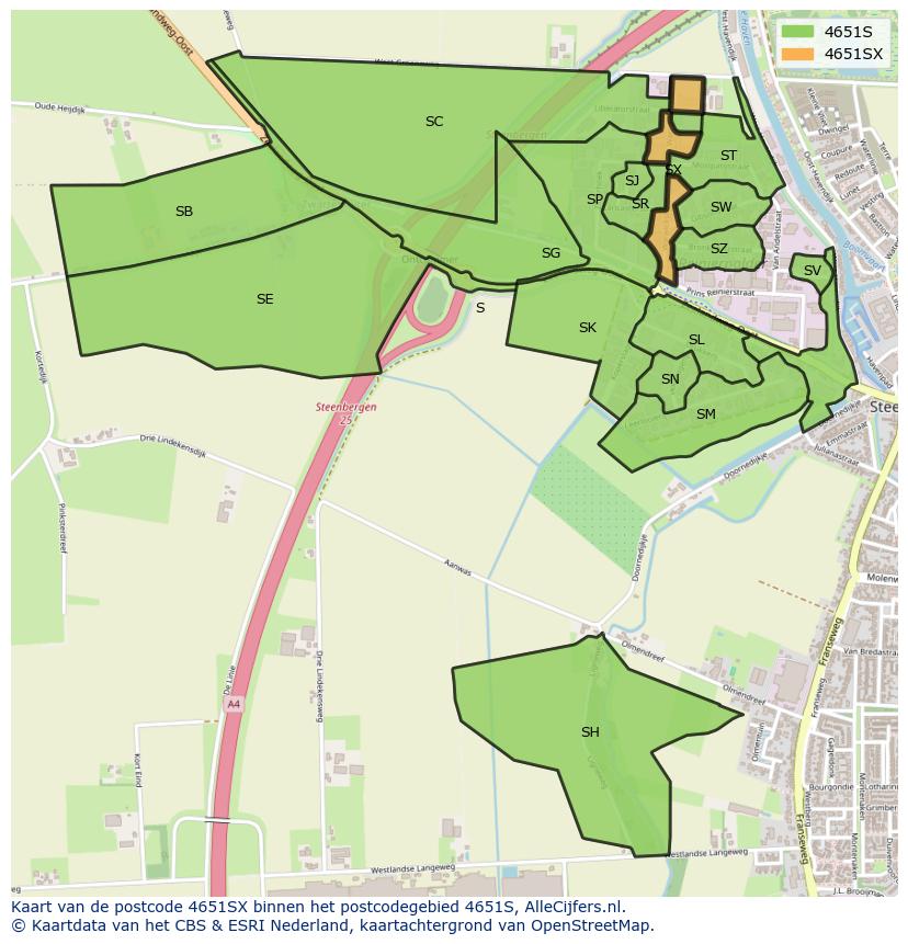 Afbeelding van het postcodegebied 4651 SX op de kaart.