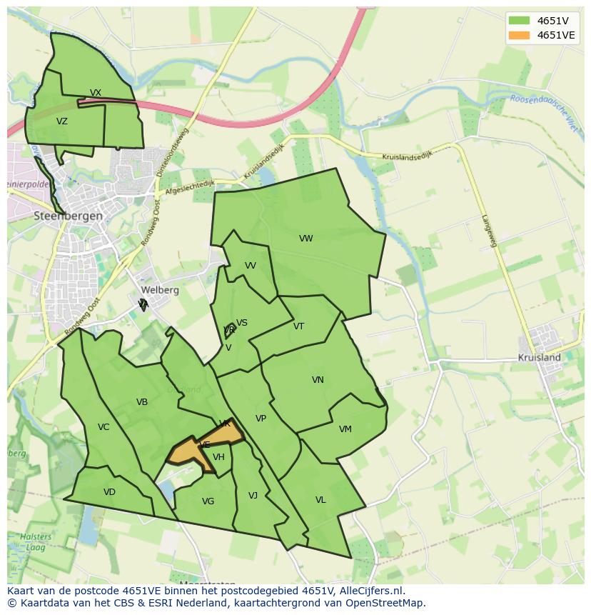 Afbeelding van het postcodegebied 4651 VE op de kaart.