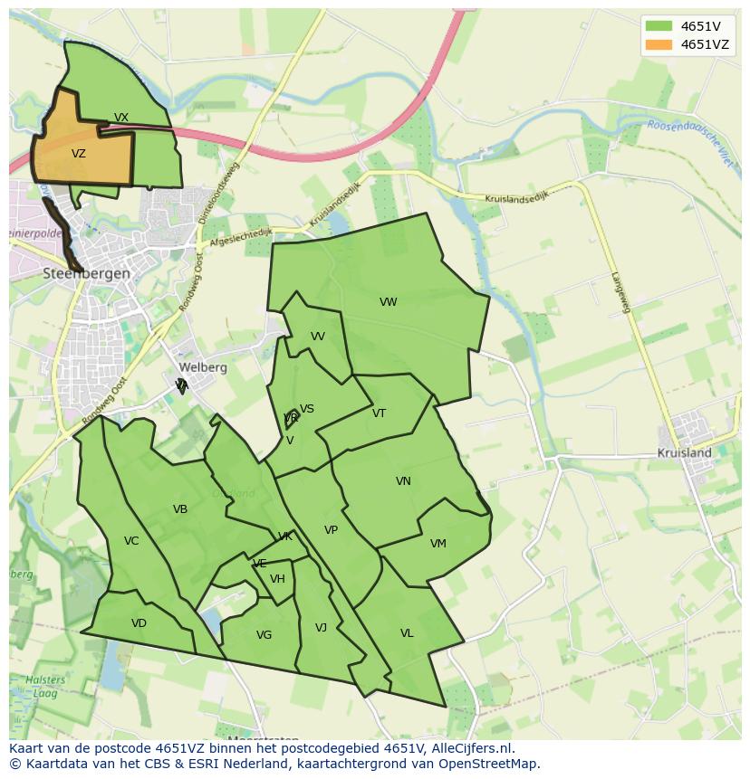 Afbeelding van het postcodegebied 4651 VZ op de kaart.