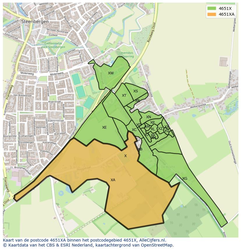 Afbeelding van het postcodegebied 4651 XA op de kaart.