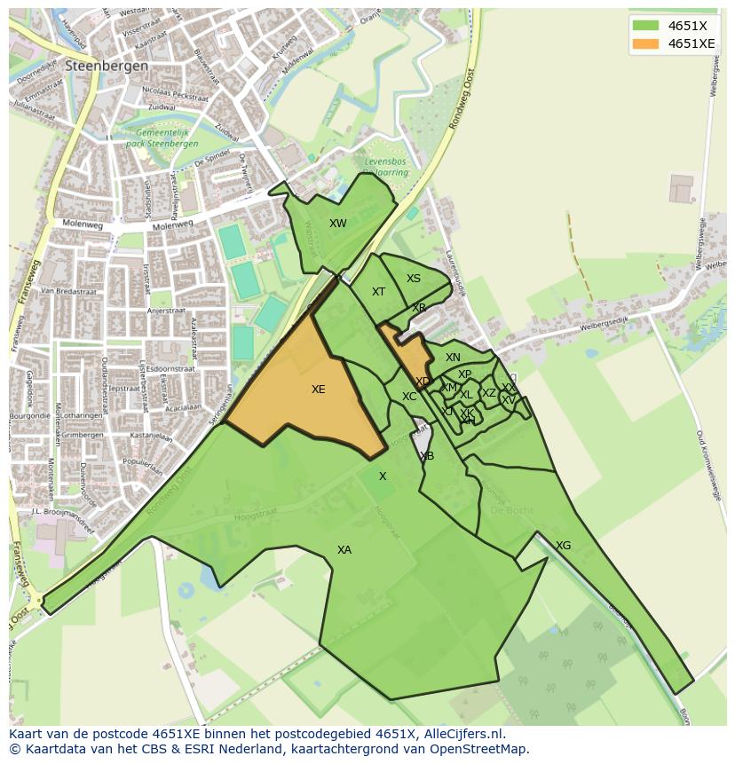 Afbeelding van het postcodegebied 4651 XE op de kaart.