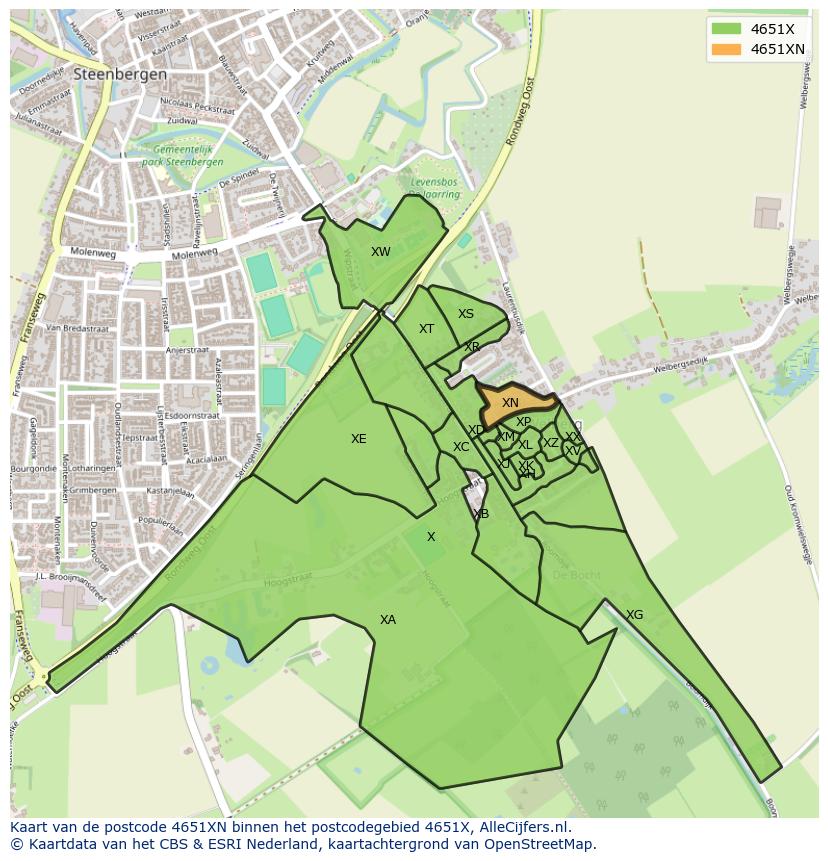 Afbeelding van het postcodegebied 4651 XN op de kaart.