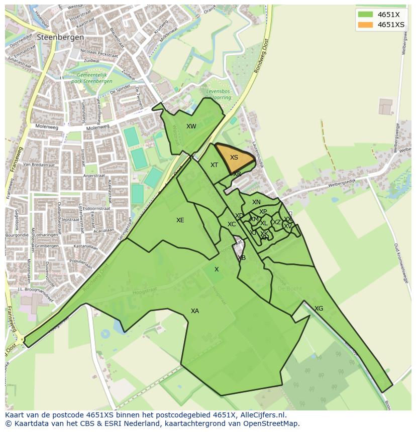 Afbeelding van het postcodegebied 4651 XS op de kaart.