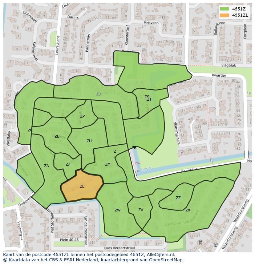 Afbeelding van het postcodegebied 4651 ZL op de kaart.