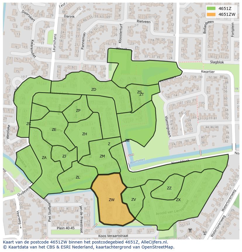 Afbeelding van het postcodegebied 4651 ZW op de kaart.