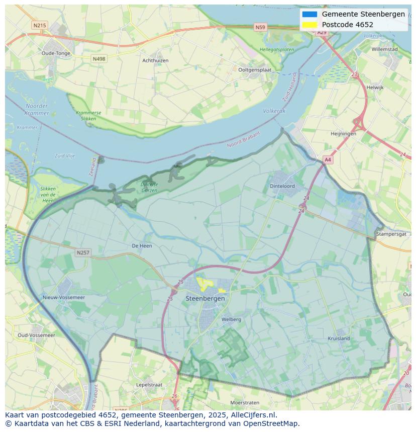 Afbeelding van het postcodegebied 4652 op de kaart.