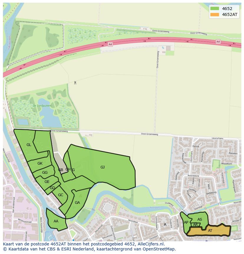 Afbeelding van het postcodegebied 4652 AT op de kaart.