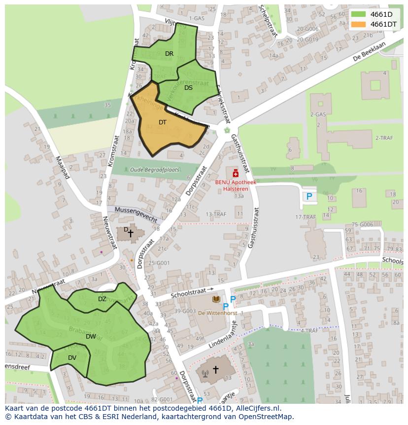 Afbeelding van het postcodegebied 4661 DT op de kaart.