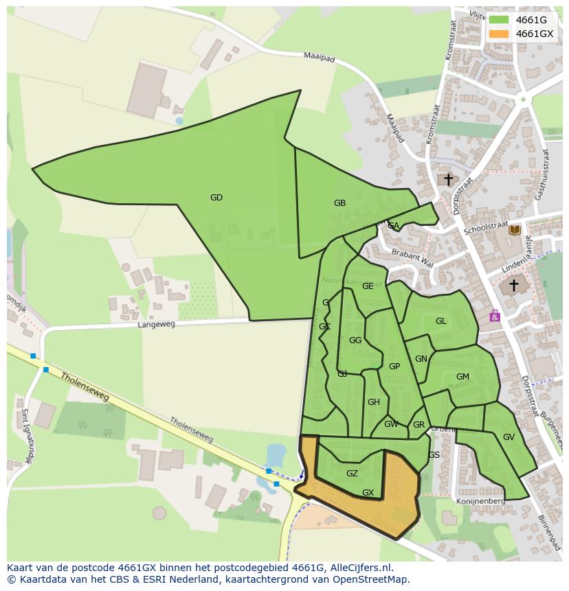 Afbeelding van het postcodegebied 4661 GX op de kaart.