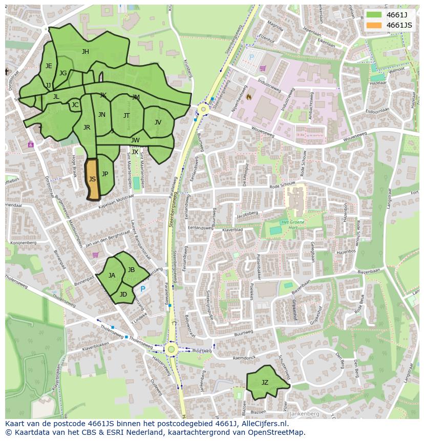 Afbeelding van het postcodegebied 4661 JS op de kaart.