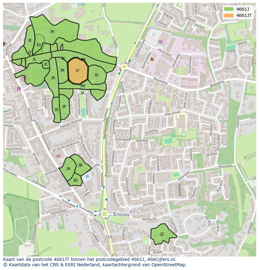 Afbeelding van het postcodegebied 4661 JT op de kaart.