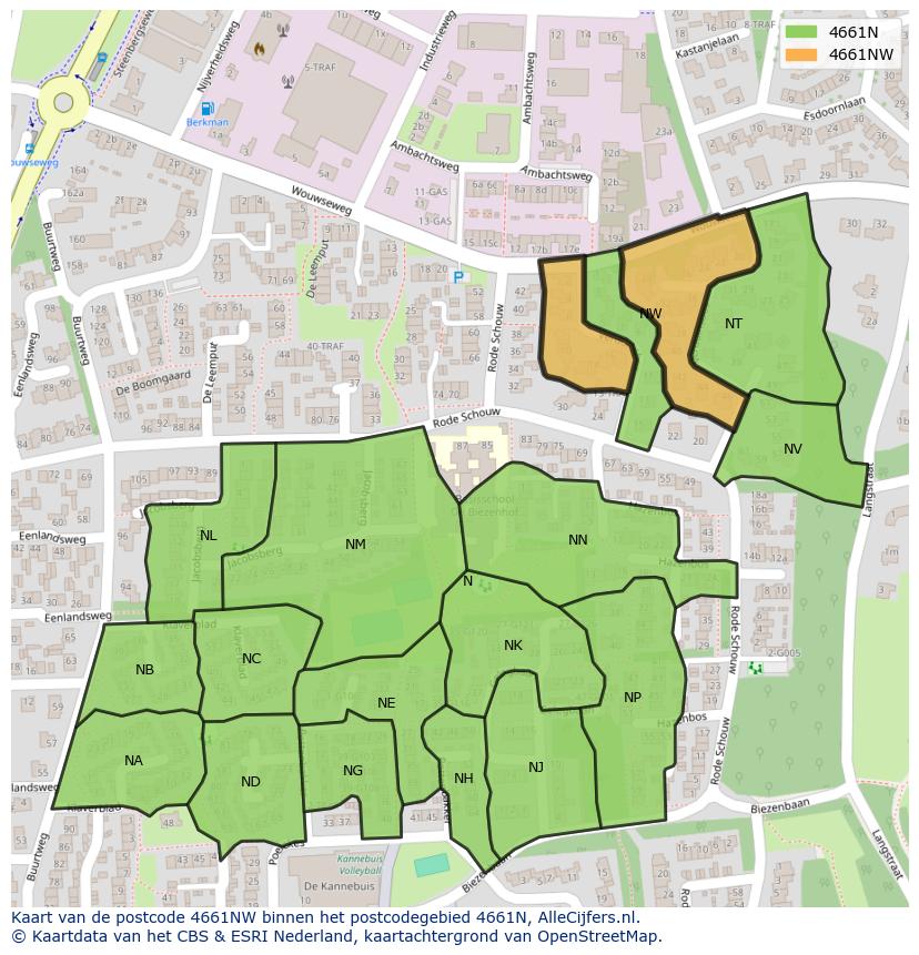 Afbeelding van het postcodegebied 4661 NW op de kaart.