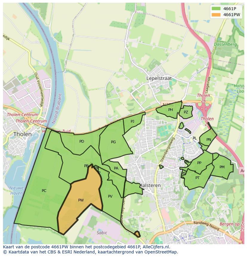 Afbeelding van het postcodegebied 4661 PW op de kaart.