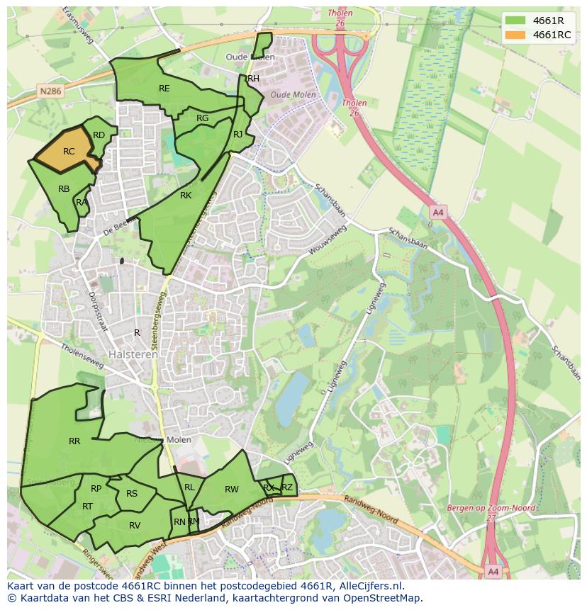 Afbeelding van het postcodegebied 4661 RC op de kaart.