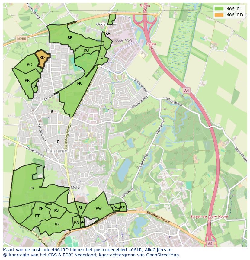 Afbeelding van het postcodegebied 4661 RD op de kaart.