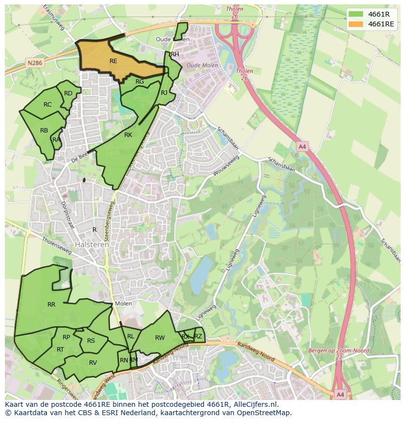 Afbeelding van het postcodegebied 4661 RE op de kaart.