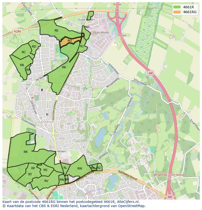 Afbeelding van het postcodegebied 4661 RG op de kaart.