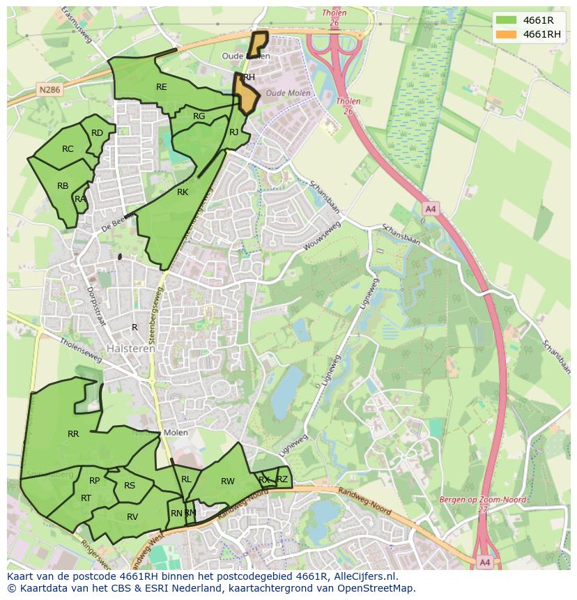 Afbeelding van het postcodegebied 4661 RH op de kaart.