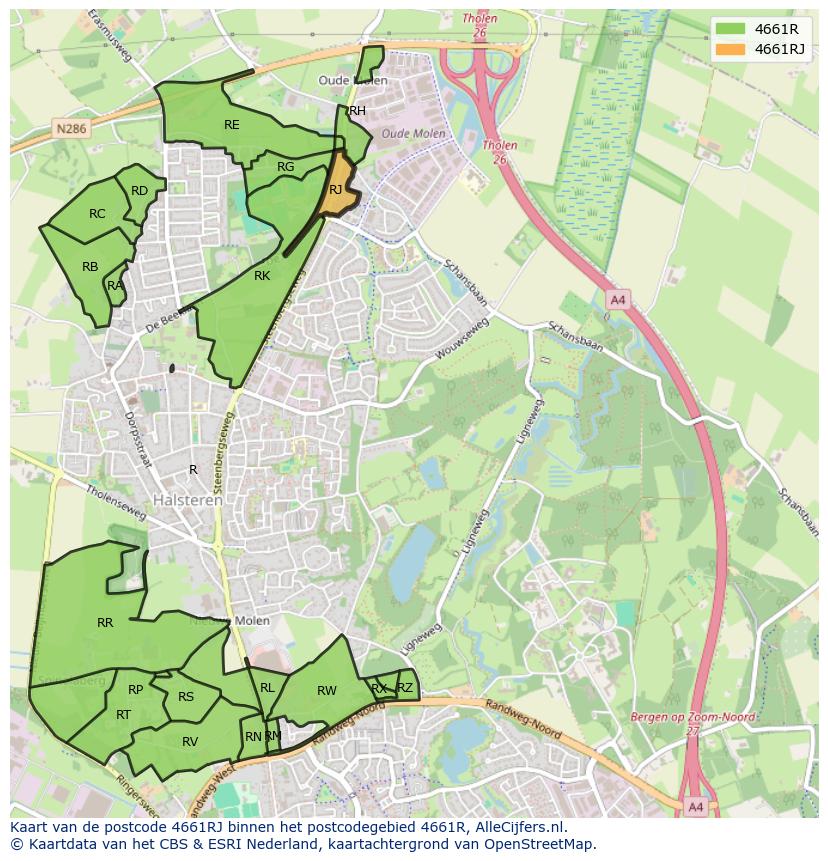 Afbeelding van het postcodegebied 4661 RJ op de kaart.