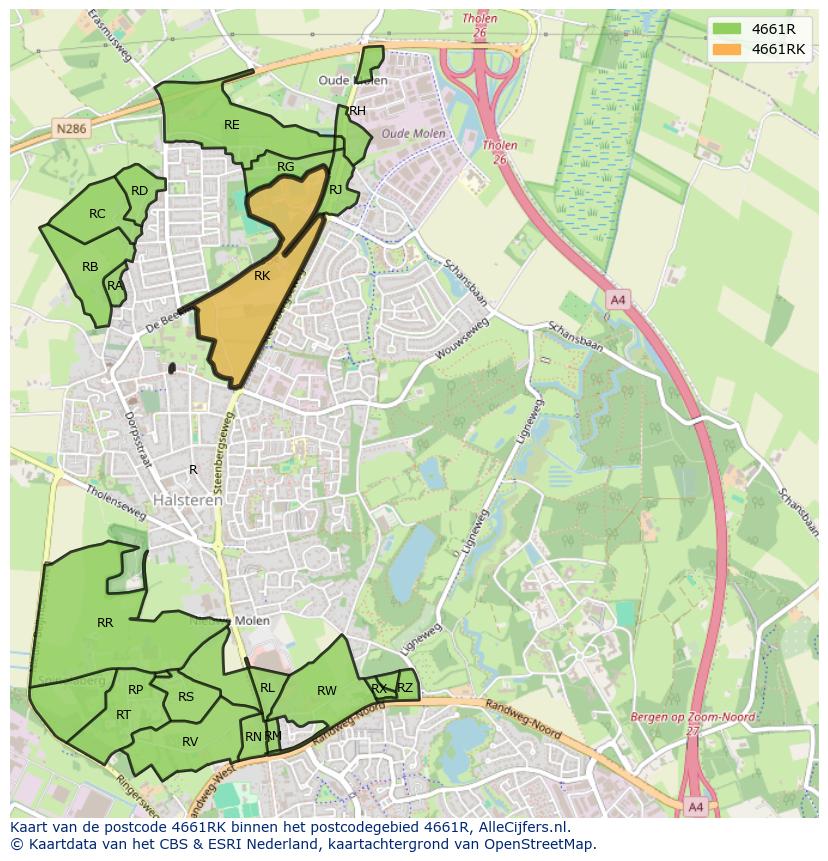 Afbeelding van het postcodegebied 4661 RK op de kaart.