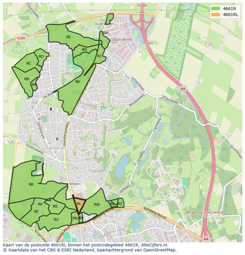 Afbeelding van het postcodegebied 4661 RL op de kaart.