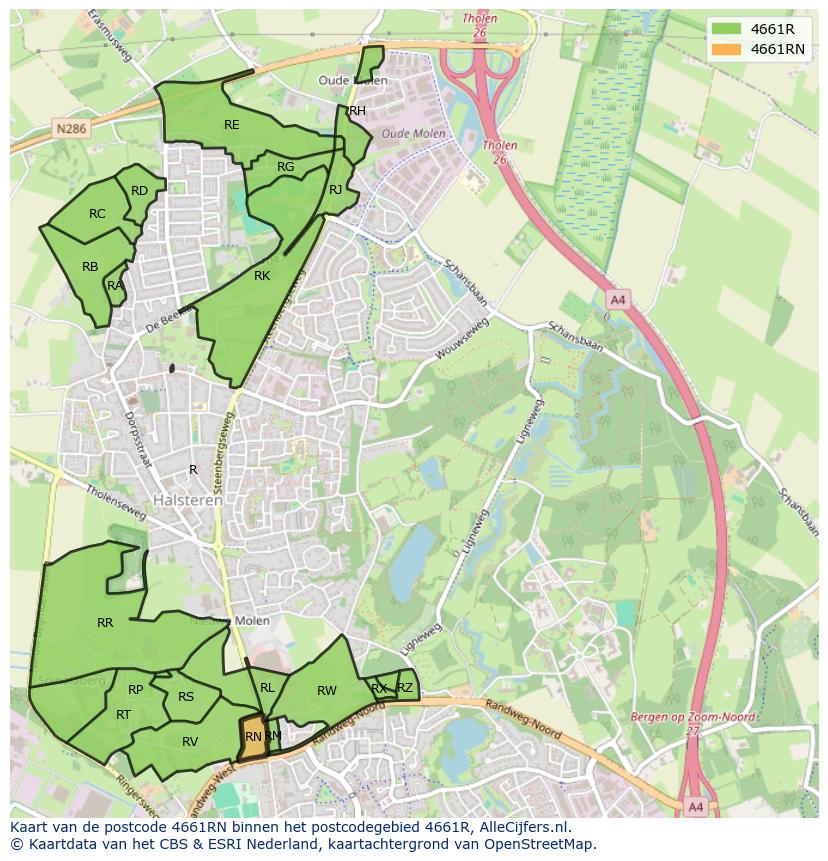 Afbeelding van het postcodegebied 4661 RN op de kaart.