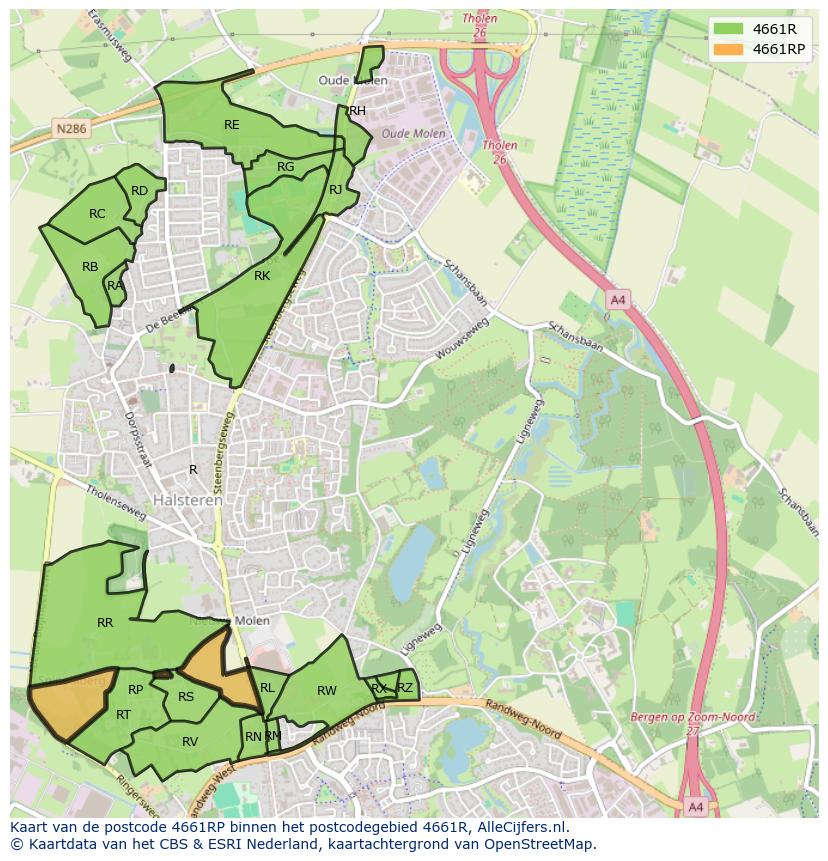 Afbeelding van het postcodegebied 4661 RP op de kaart.