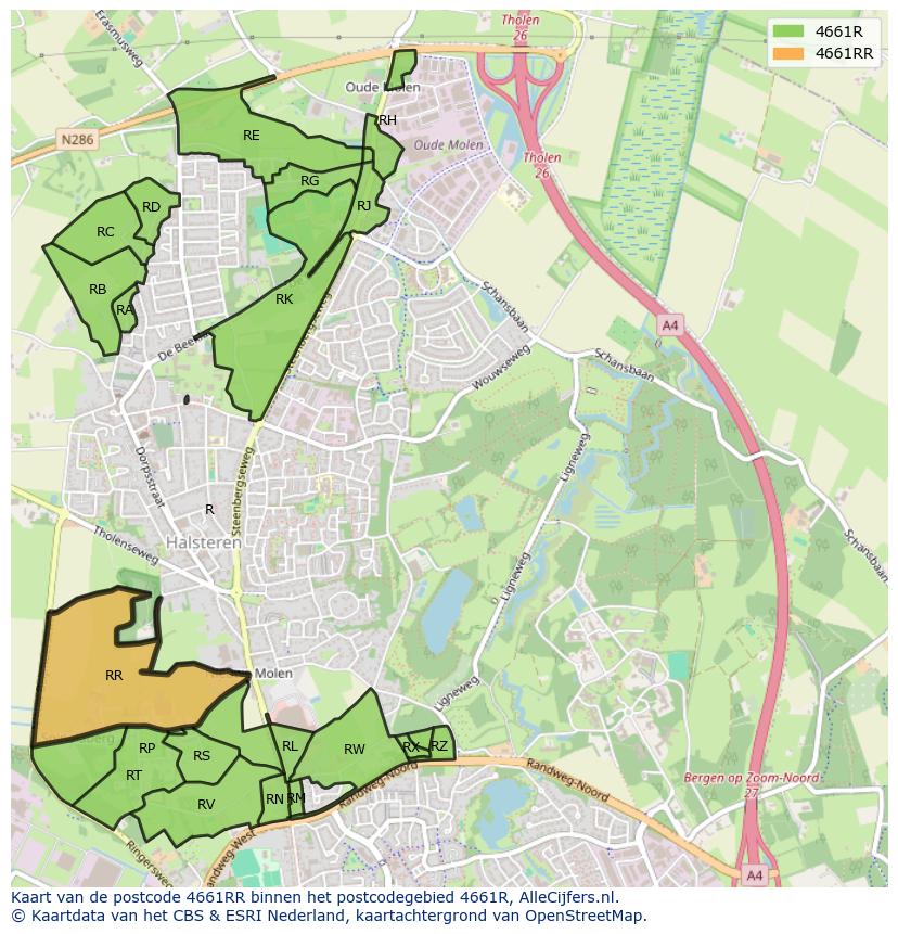 Afbeelding van het postcodegebied 4661 RR op de kaart.