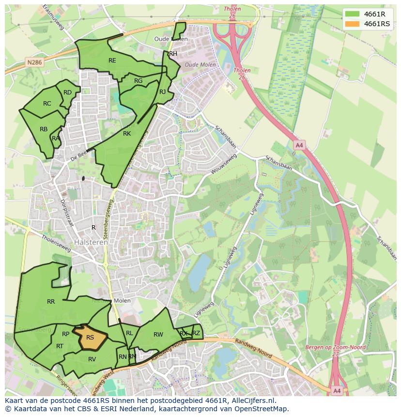 Afbeelding van het postcodegebied 4661 RS op de kaart.