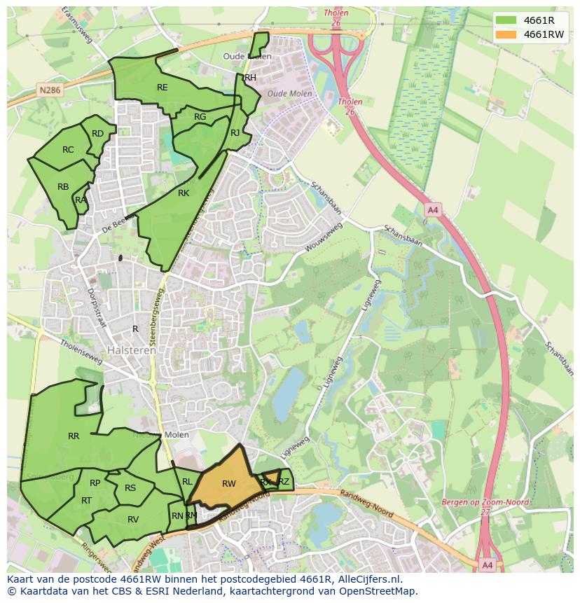 Afbeelding van het postcodegebied 4661 RW op de kaart.