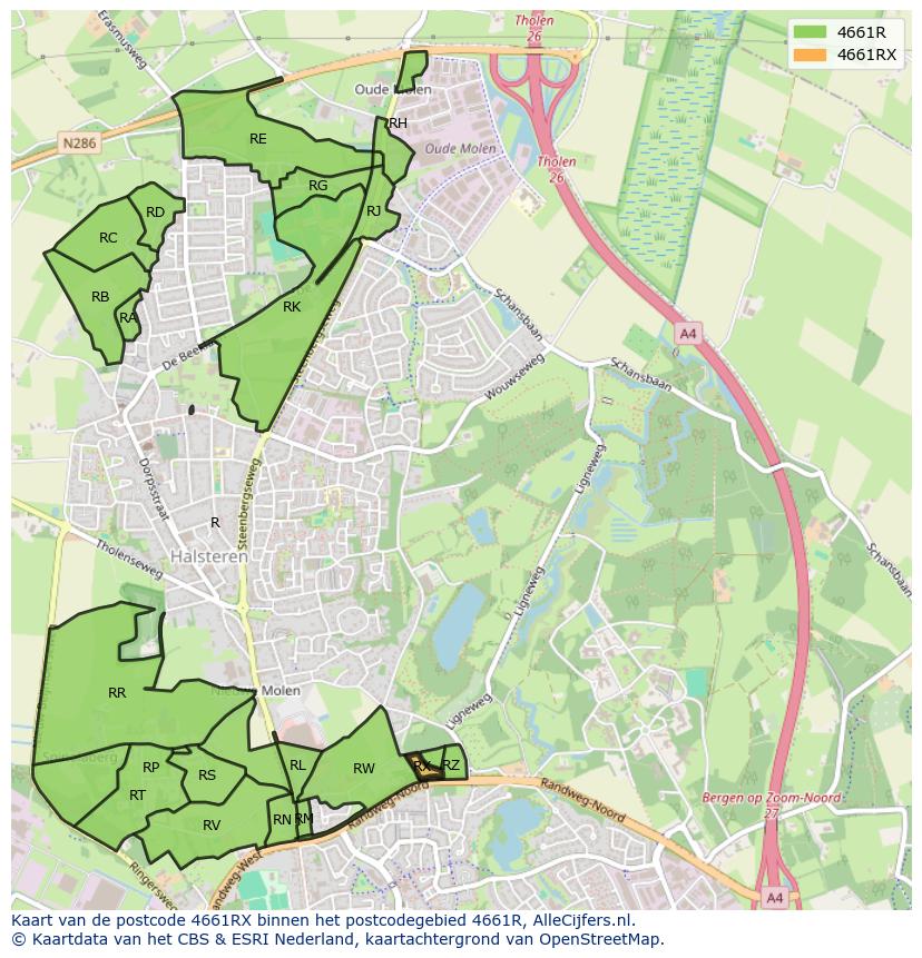 Afbeelding van het postcodegebied 4661 RX op de kaart.