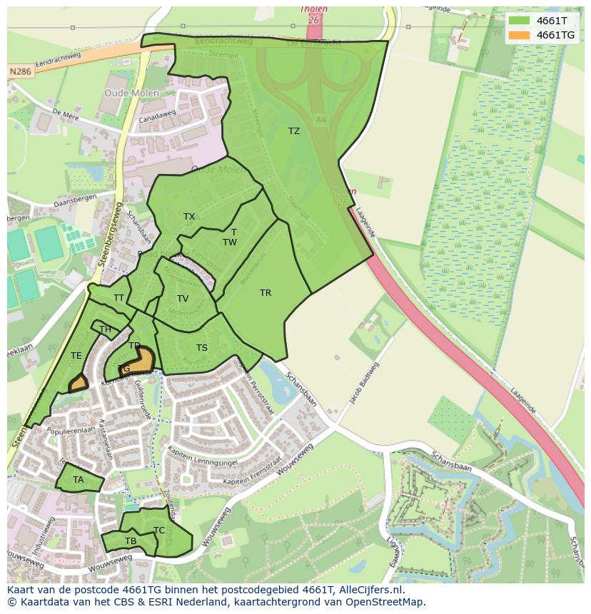 Afbeelding van het postcodegebied 4661 TG op de kaart.