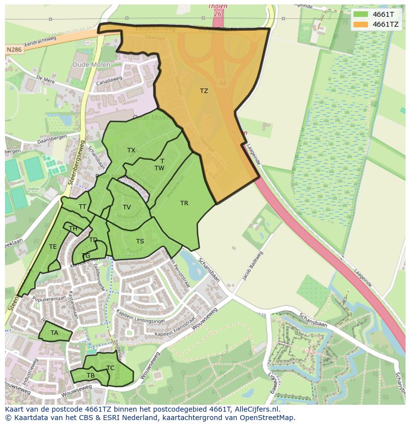 Afbeelding van het postcodegebied 4661 TZ op de kaart.