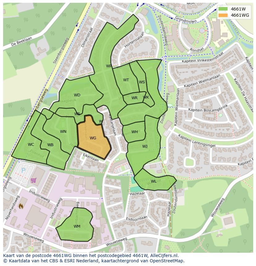 Afbeelding van het postcodegebied 4661 WG op de kaart.