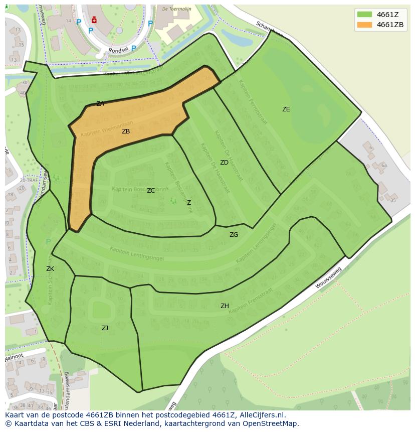 Afbeelding van het postcodegebied 4661 ZB op de kaart.