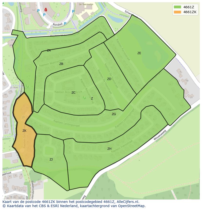 Afbeelding van het postcodegebied 4661 ZK op de kaart.