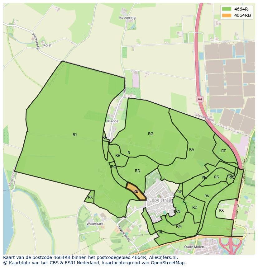 Afbeelding van het postcodegebied 4664 RB op de kaart.