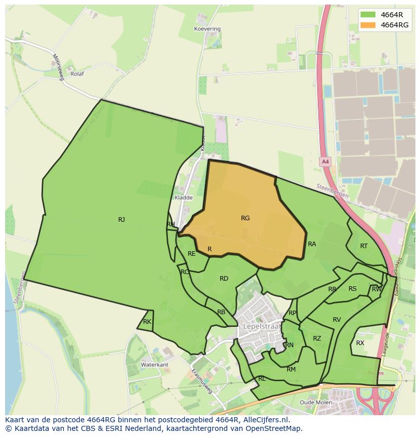 Afbeelding van het postcodegebied 4664 RG op de kaart.