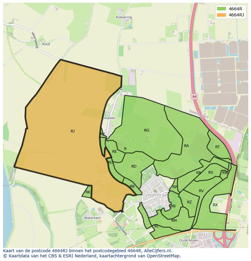 Afbeelding van het postcodegebied 4664 RJ op de kaart.