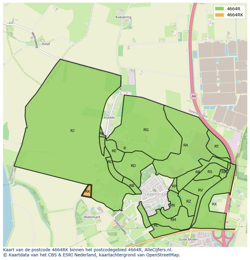 Afbeelding van het postcodegebied 4664 RK op de kaart.